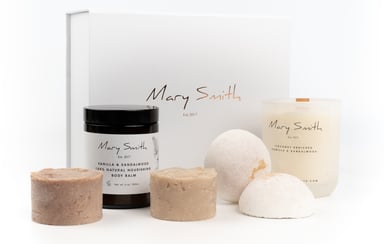 Mary Smith Complete Bath & Body Set  with 100% Naturally Scented Beeswax Candle- Vanilla & Sandalwood