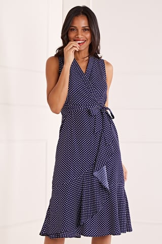 Polka Dot Wrap Front Midi Dress