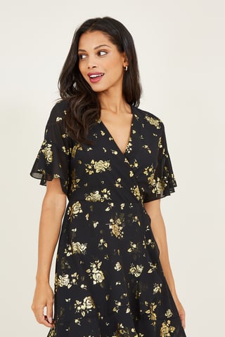 Yumi Rose Foil Printed Wrap Front Skater Dress