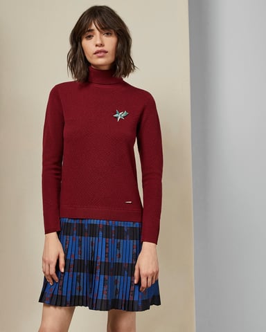 Ted Baker Paraz Cabin Knit Woven Robot Check Dress in Dark Red