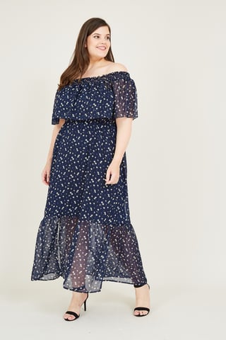 Daisy Print Bardot Frill Maxi Dress
