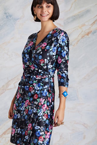 Black Midnight Daisy Print Wrap Dress
