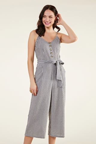 Gingham Cotton Jumpsuit With Button Deta