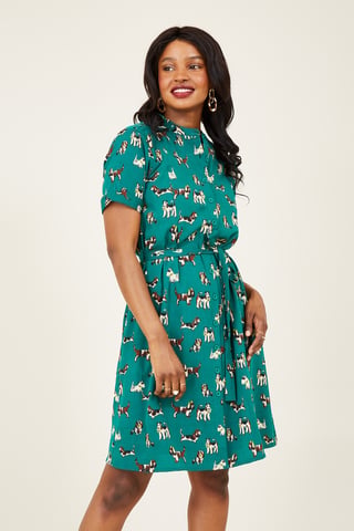 Green Cute Dog Print Shirt Dress