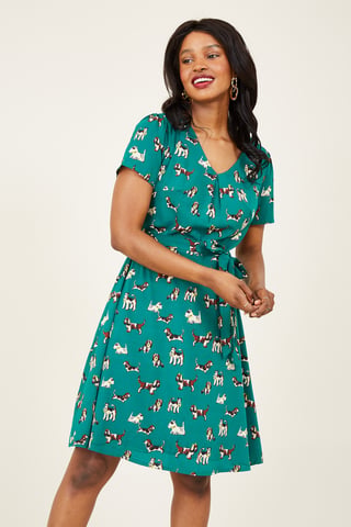 Green Cute Dog Print Skater Dress