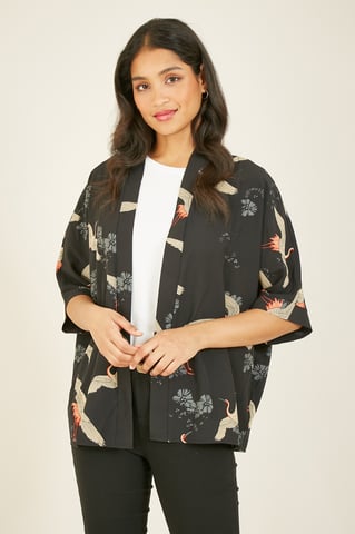 Yumi Black Crane Print Kimono