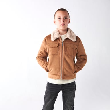 River Island Kids Boys Shearling Jacket Brown Suedette