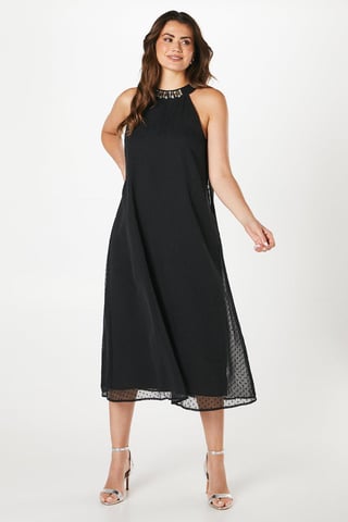 Petite Dobby Embellished Halterneck Swing Dress