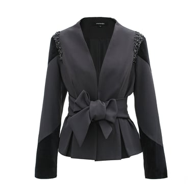 Bi-material blazer and knotted belt