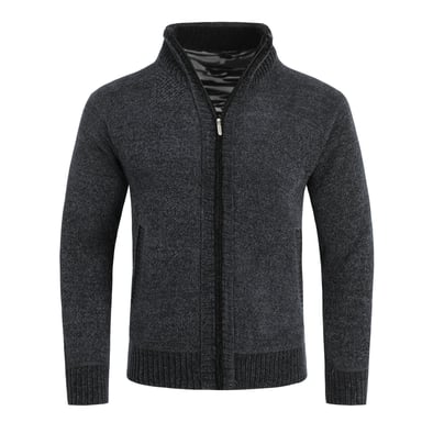 Men's Cardigan with Zip and Stand-Up Collar, Lined Chunky Knit Pullover Dark Grey
