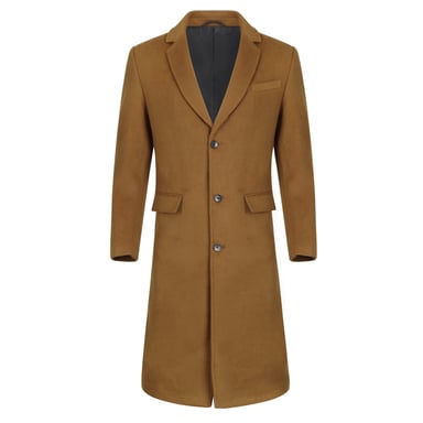 Men's Knee-Length Winter Wool Coat Slim Fit Turn-Down Collar Business Coats Khaki