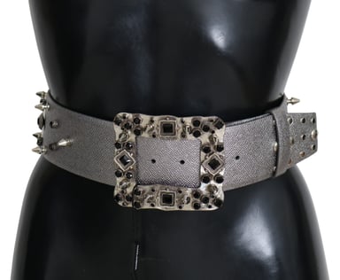 Dolce & Gabbana Women's Silver Leather Crystal Stud Logo Buckle Belt