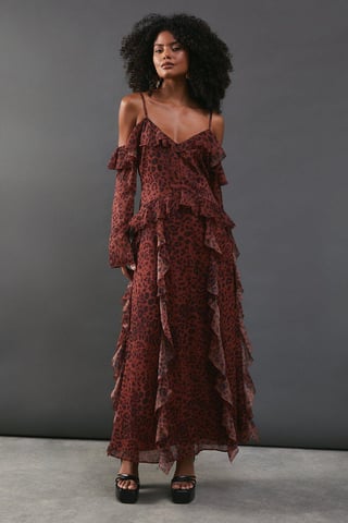Chiffon Animal Print Cold Shoulder Ruffle Detail Maxi Dress