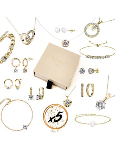 5 surprise jewels in a gift box - Gold and Crystal