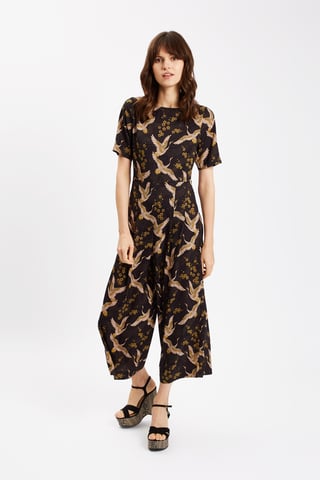 Bird Printed Short Sleeve Jumpsuit in Black