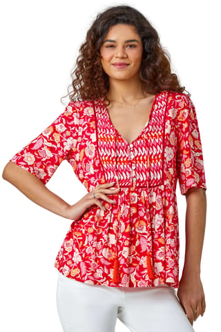 Floral Border Tie V-Neck Smock Top