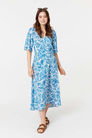 Blue Leaf Print 1/2 Sleeve Wrap Dress
