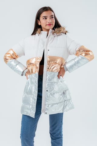 Hype Longline Metallic Panel Kids Puffer Jacket With Fur Hood