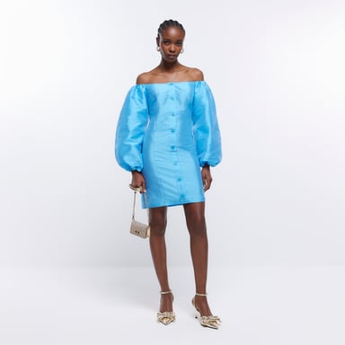 blue river mini dress Island Womens Bardot Puff Sleeve Size:10S