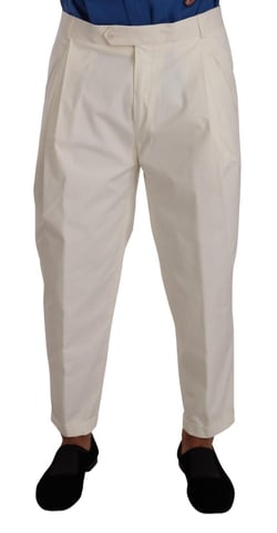Dolce & Gabbana White Cotton Stretch Dress Pants with Logo Details