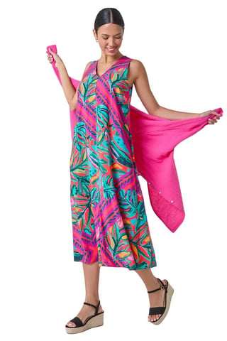 Tropical Leaf Print A-Line Midi Dress