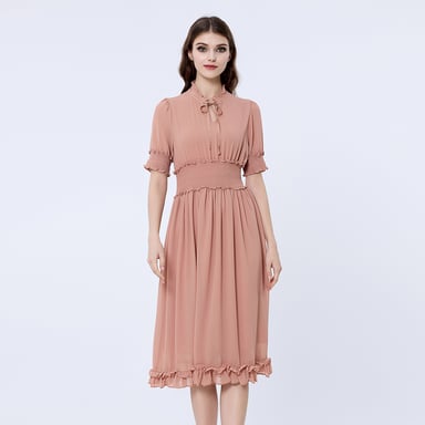 Chiffon dress with smocks and small ruffles