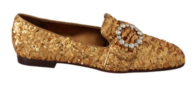 Dolce & Gabbana Gold Sequin Crystal Flat Women's Loafers Shoes
