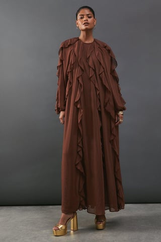 Chiffon Ruffle Blouson Sleeve Maxi Dress