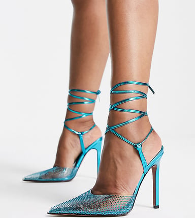 ASOS DESIGN Wide Fit Prize embellished tie leg high heeled shoes in blue