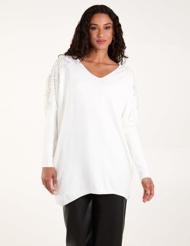 Embellished Shoulder V Neck Jumper