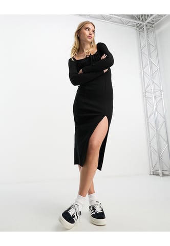 Miss Selfridge long puff sleeve detail midi dress in black