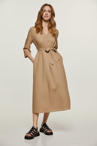 Beige Linen Style Midi Dress with Belt