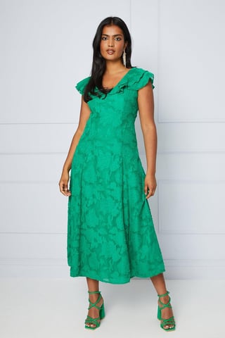 Jacquard Ruffle Sleeve Midi Dress