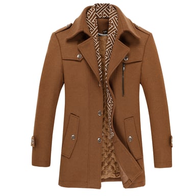 Men's Winter Thickened Solid Color Lapel Casual Wool Coat with Striped Collar Camel