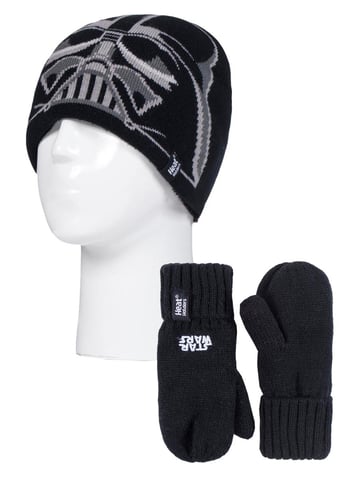 Heat Holders - Boys Fleece Lined Marvel/Star Wars Warm Thermal Ski Beanie Winter Hat and Mittens Set - Darth Vader