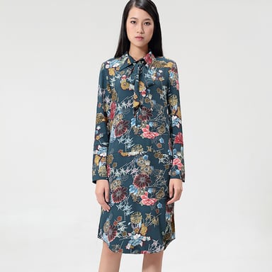 Flower-print ascot-tie shirt-dress