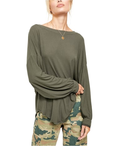 Free People Women's T-Shirt Olive Green Ribbed Knit V-Back