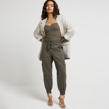 River Island Womens Cargo Trousers Petite Khaki Belted Utility