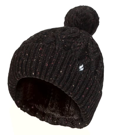 Dames Pom Pom Bobbelhoed | Heat Holders | Modieuze Chunky Warme Kabelgebreide Muts met Heatweaver Fleece Voering | Salzburg Stijl - Zwart