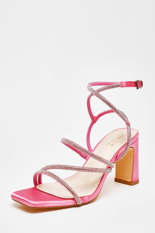 Pink Diamante Strappy Block Heeled Sandals