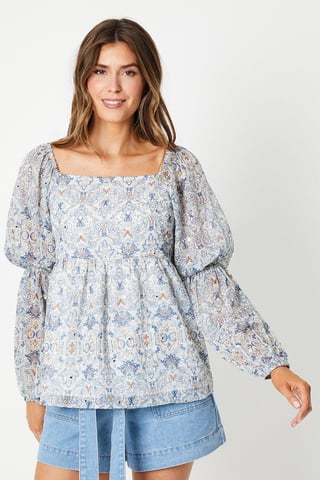 Mirror Detail Tile Print Square Neck Top