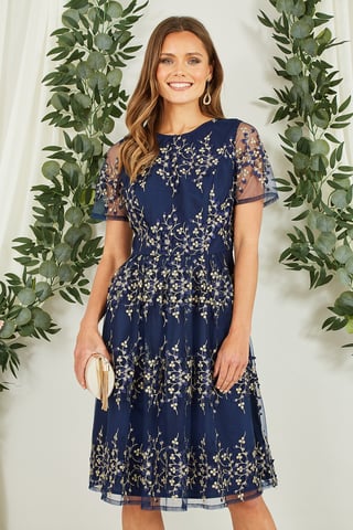 Navy Embroidered Mesh Prom Dress