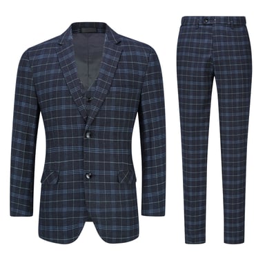 Mens 3-Piece Slim Fit Vintage Plaid Black Suit
