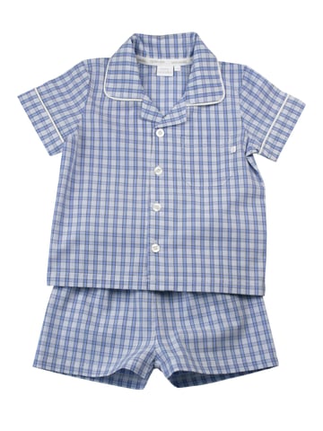 Boys Blue Mini Check Cotton Shortie Pyjama Set