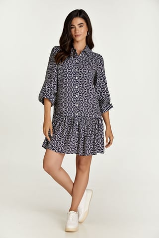 Navy and White Print Dress with Buttons