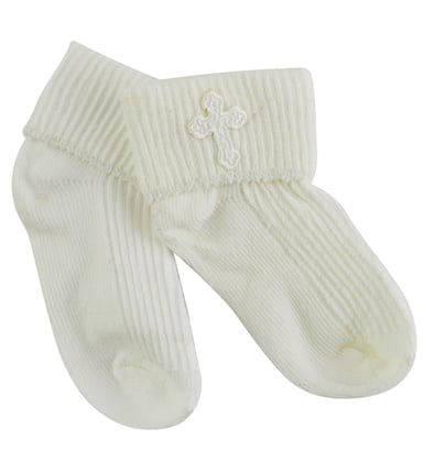 Baby Christening Socks with Cross Embroidery | Newborn Cotton Socks for Boys & Girls - Cream