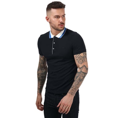 Lacoste slimfit poloshirt van katoenpiqué met gestreepte kraag voor heren, marineblauw