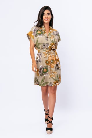 Linen Style Bold Floral Print Dress with Mandarin Collar