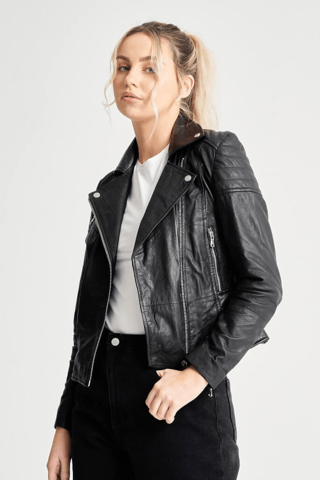 Barneys Originals Tall Grain Detailed Clara Leather Biker Jacket