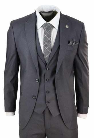 Mens 3 Piece Suit Plain charcoal Classic Tailored Fit Smart Casual 1920s Formal